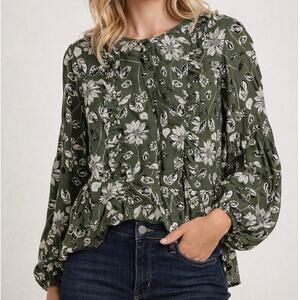 Shoshanna 100% Silk Green Floral Ruffle Blouse Long Sleeve Size M